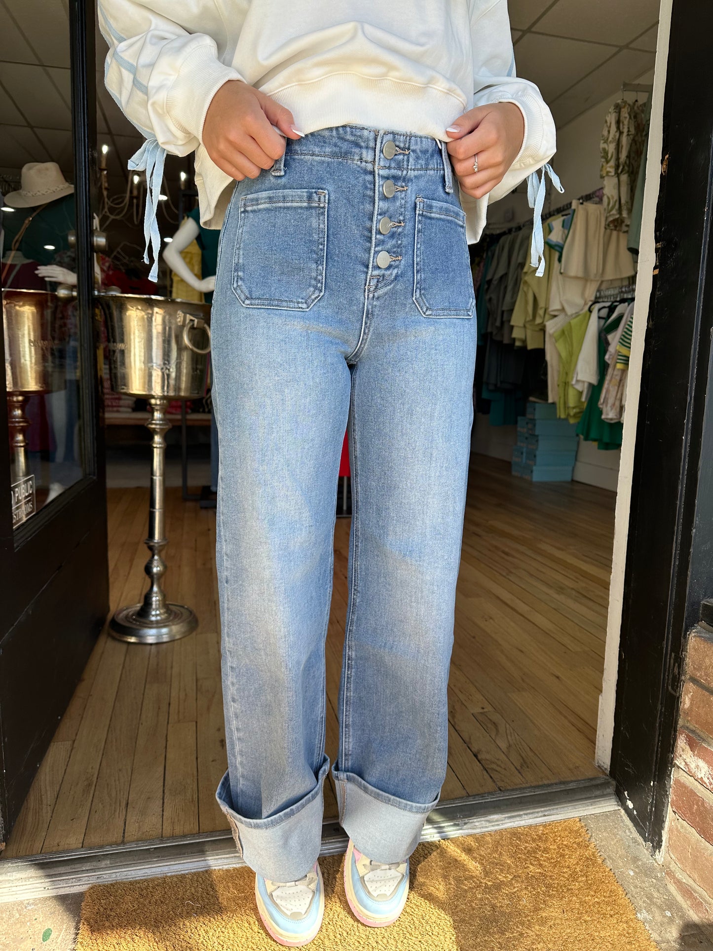 Risen - High Rise-Ankle Wide-Button Down Front Patch Pocket-Cuffed