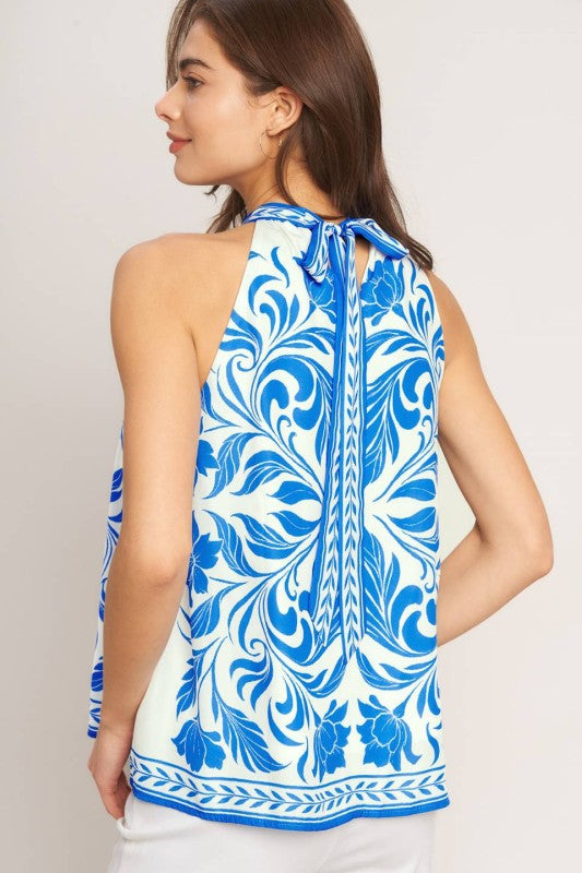 blue/white halter printed top