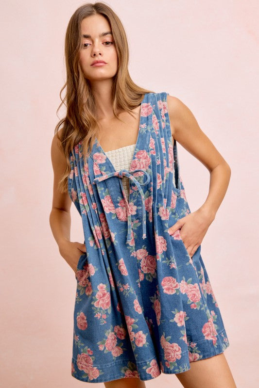 Floral denim romper