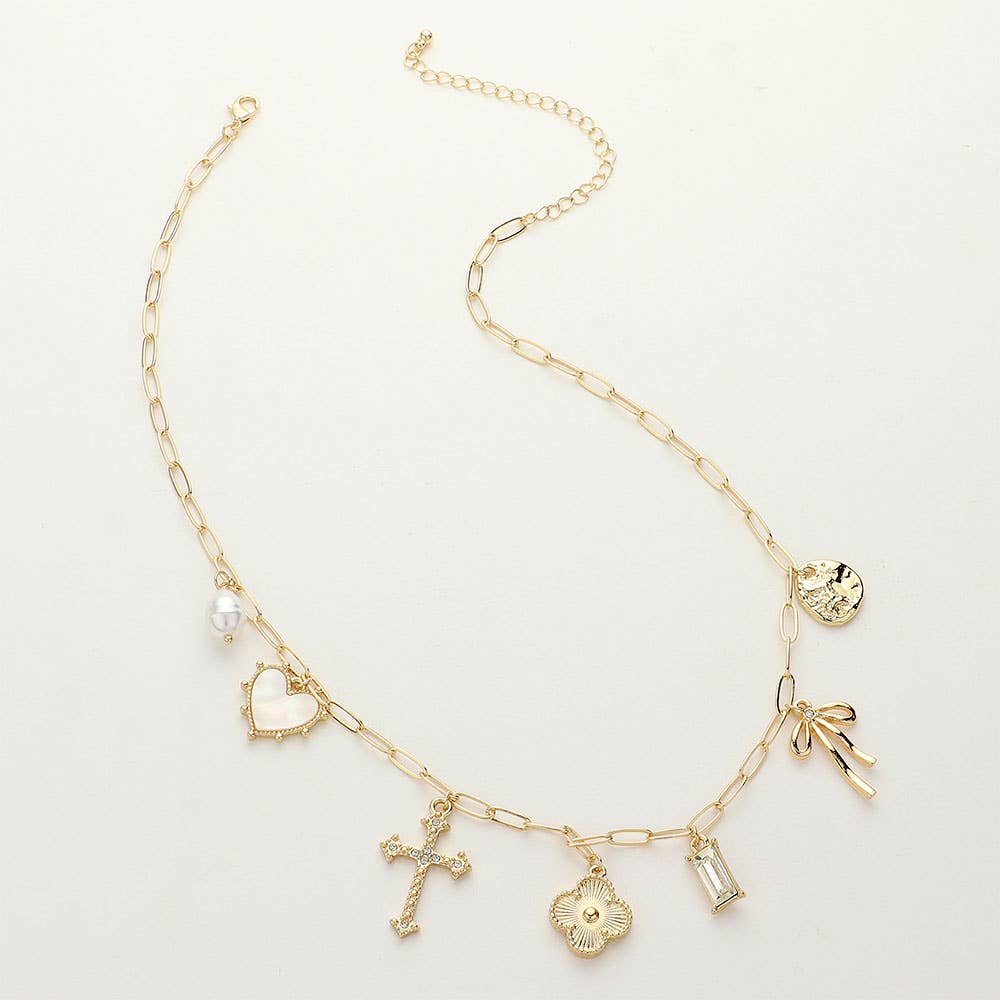 Pearl Heart Cross Quatrefoil Bow Charm Station Necklace