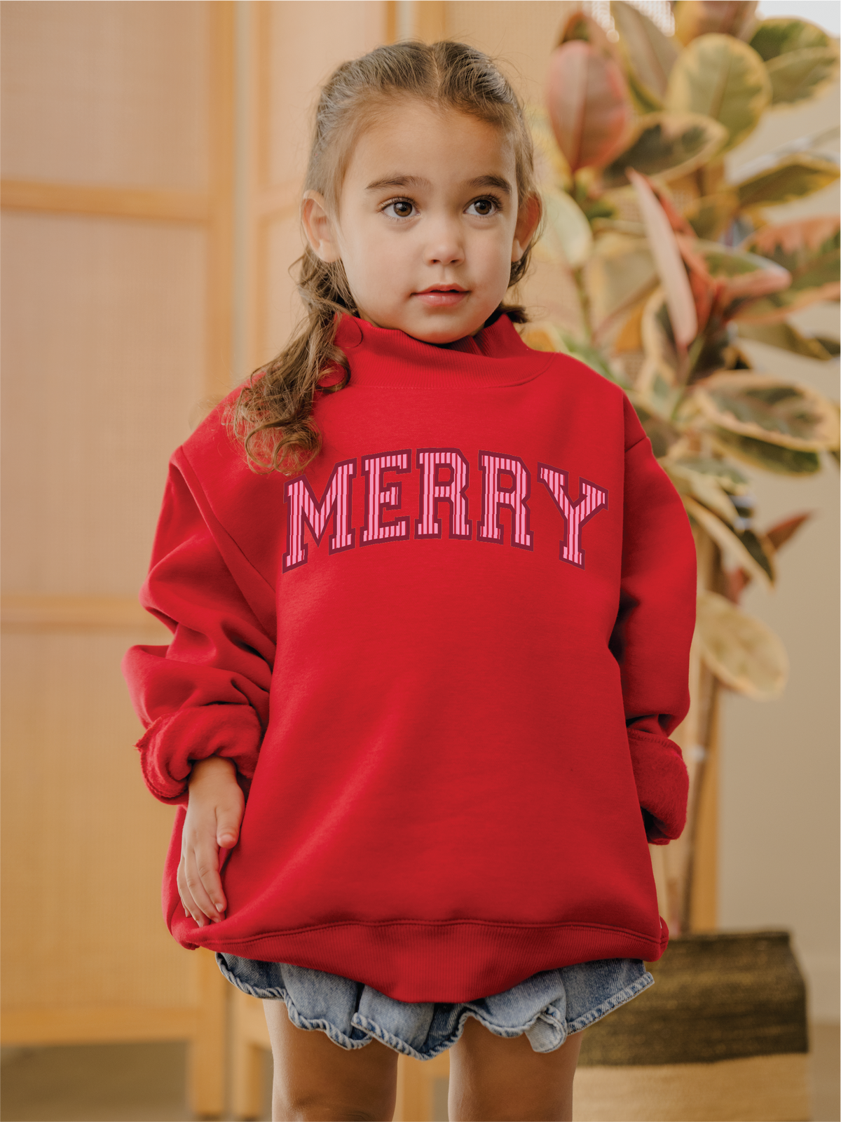 Children's Holiday Merry Stripe Red Mock Neck Sweatshirt