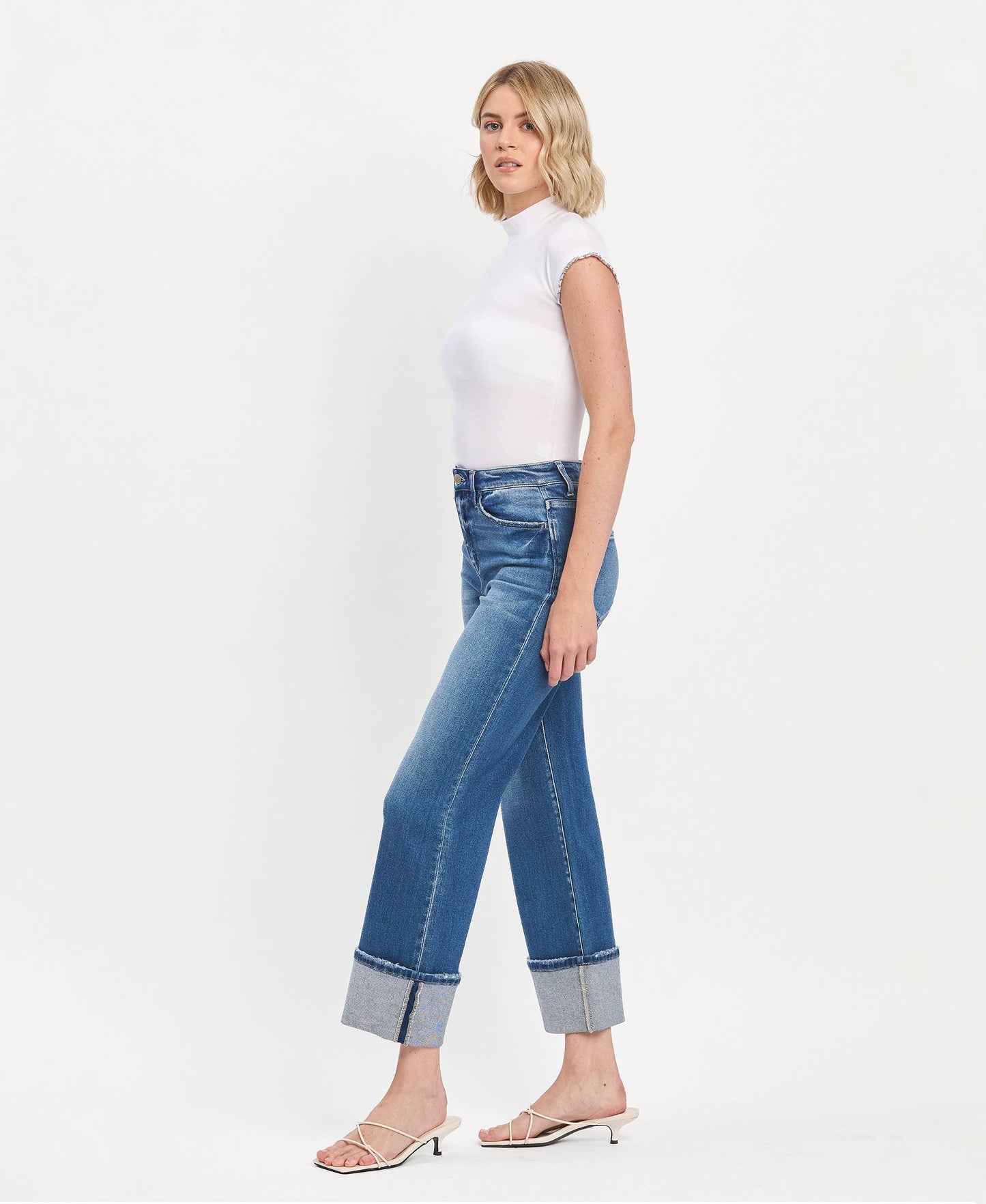 90'S VINTAGE SUPER HIGH RISE CUFFED FLARE JEANS