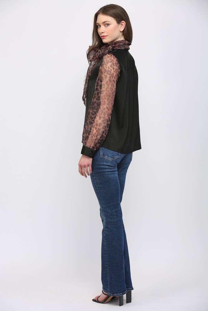MIXED MEDIA SELF TIE NECKLINE DETAIL BLOUSE