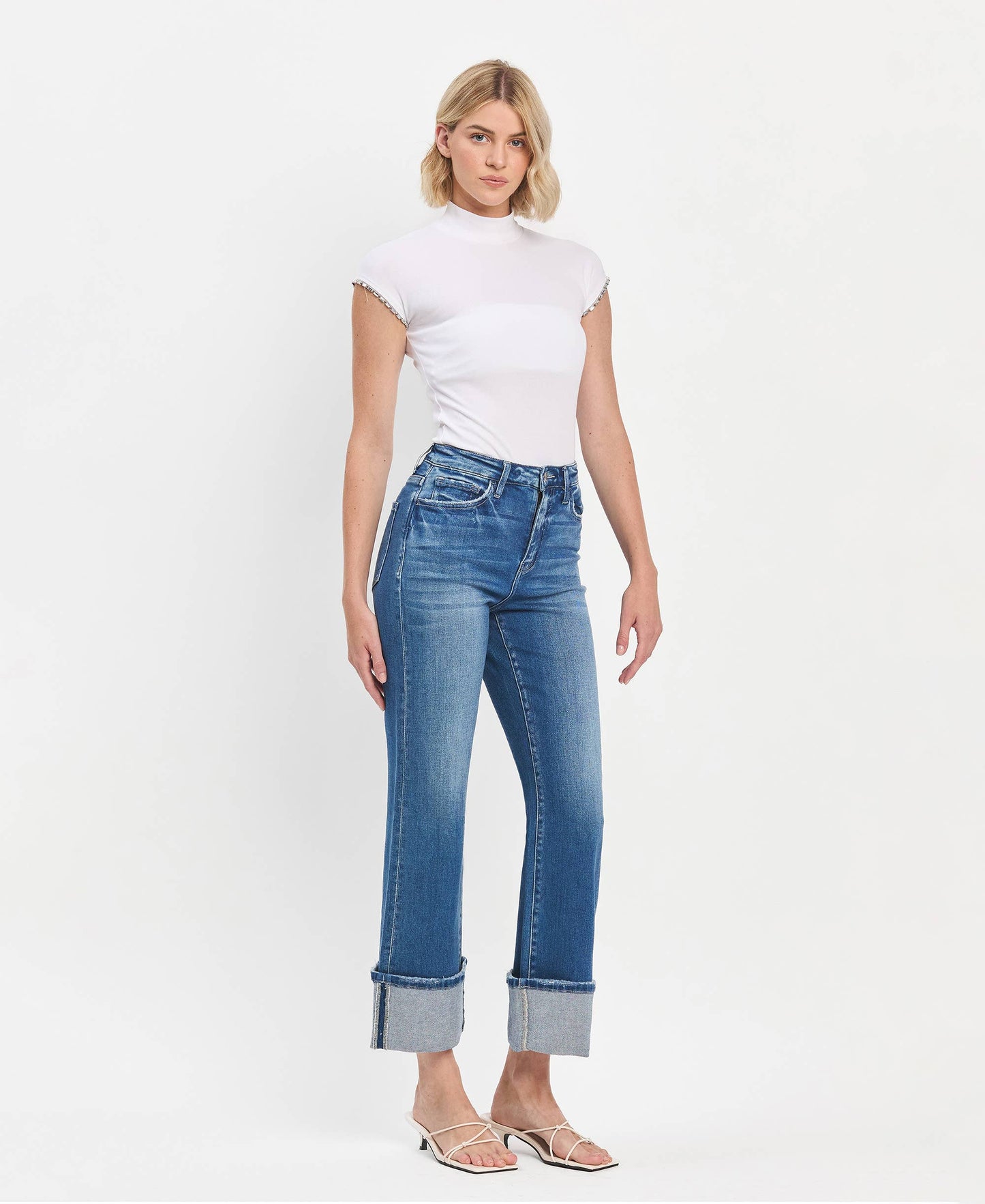 90'S VINTAGE SUPER HIGH RISE CUFFED FLARE JEANS