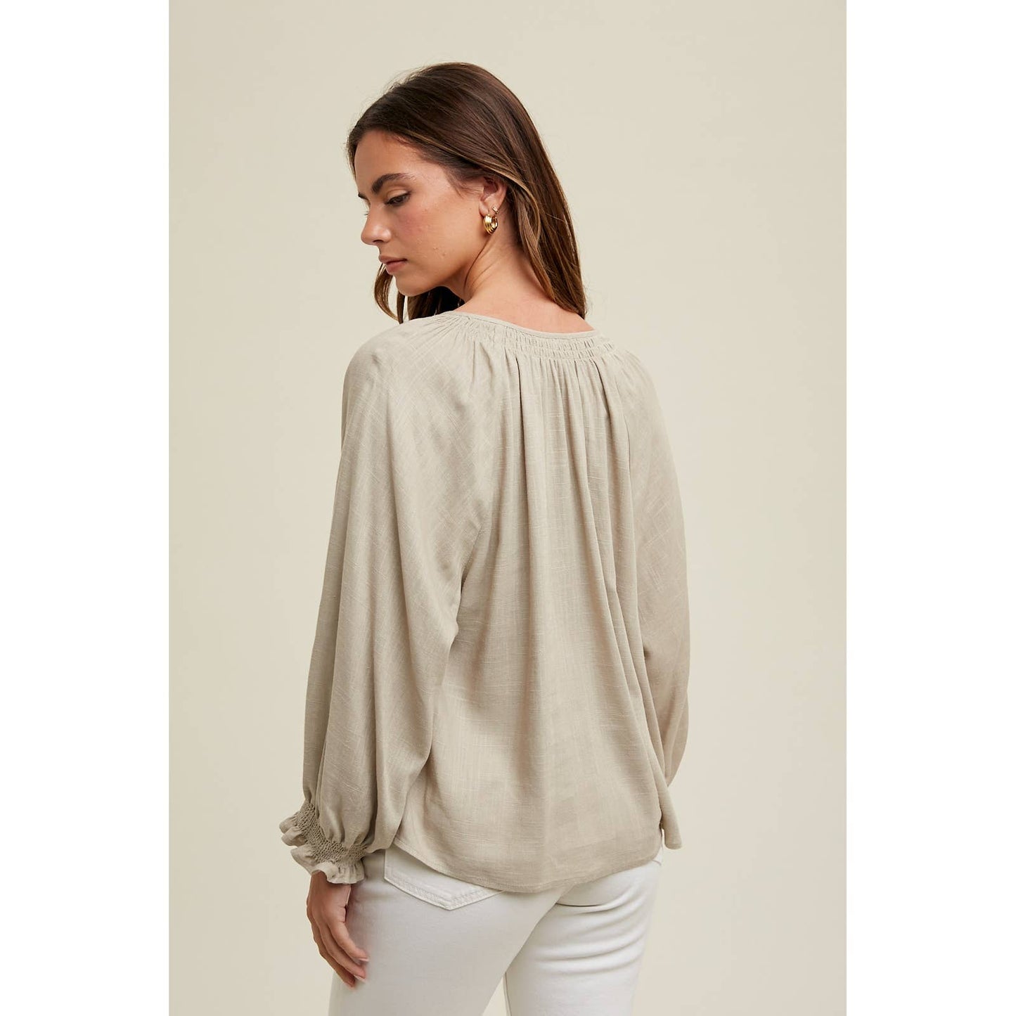 DROP SHOULDER BLOUSE/SMOCKED CUFF DETAIL