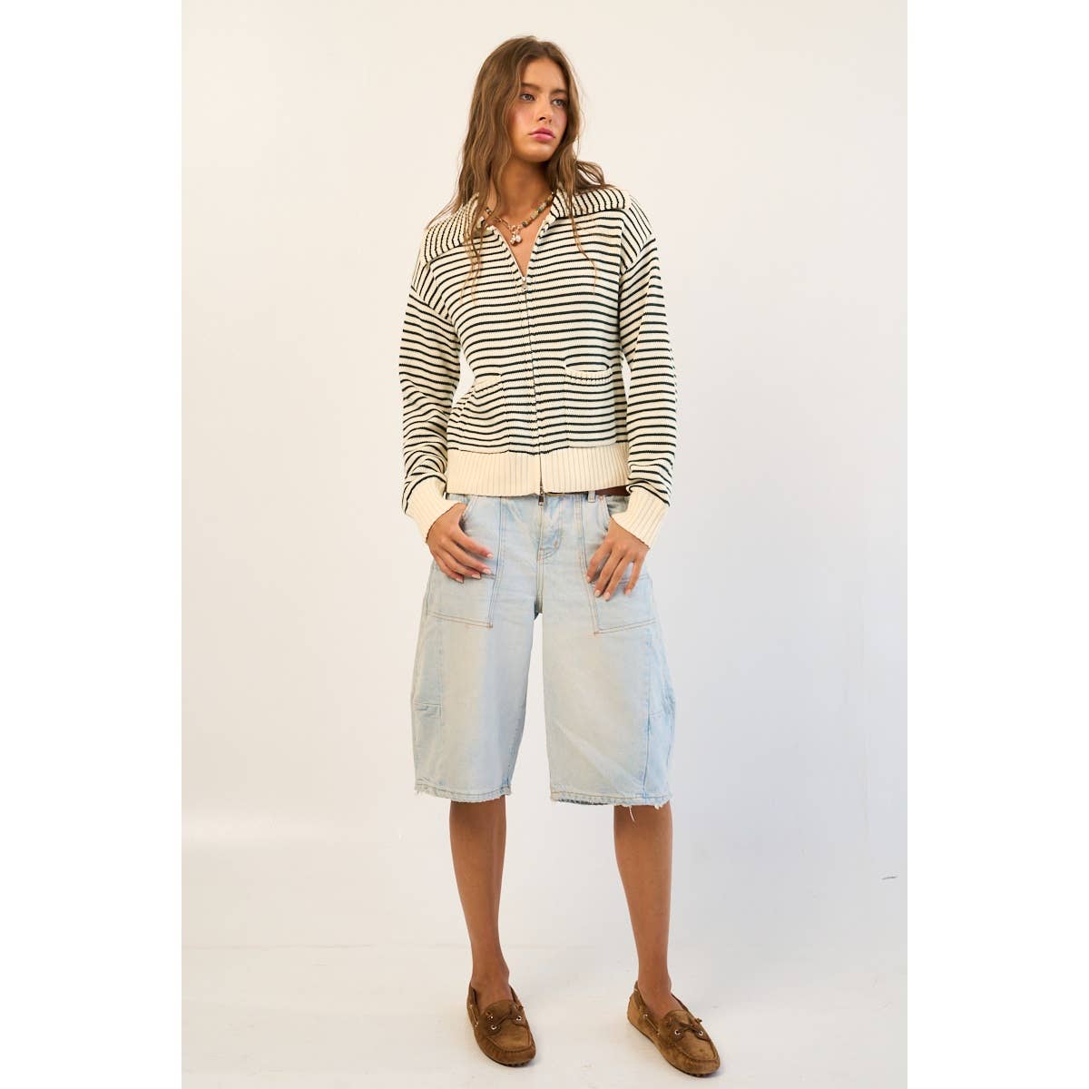 Striped Cotton Blend Zip-Up Sweater with Wide Collar
