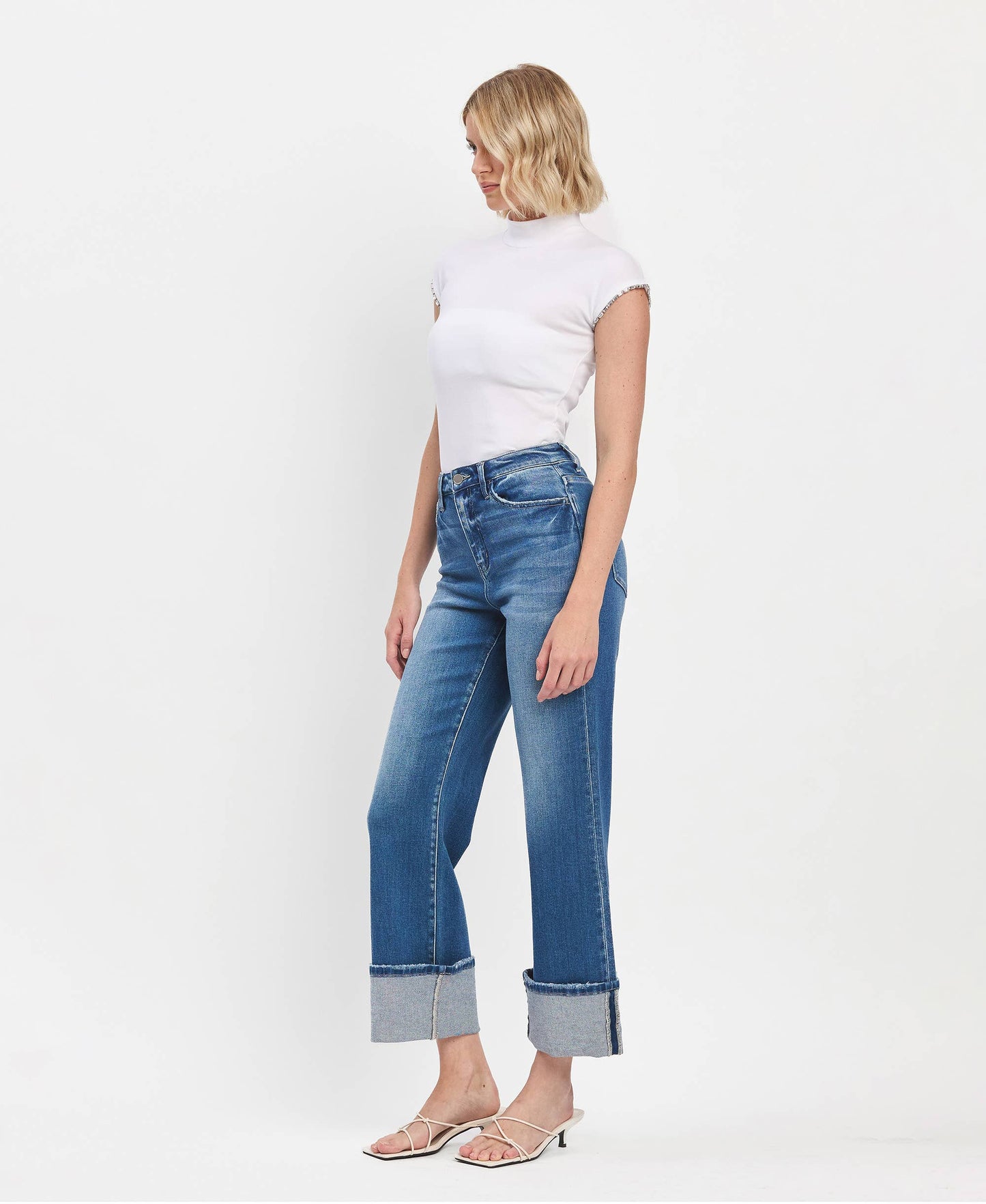 90'S VINTAGE SUPER HIGH RISE CUFFED FLARE JEANS