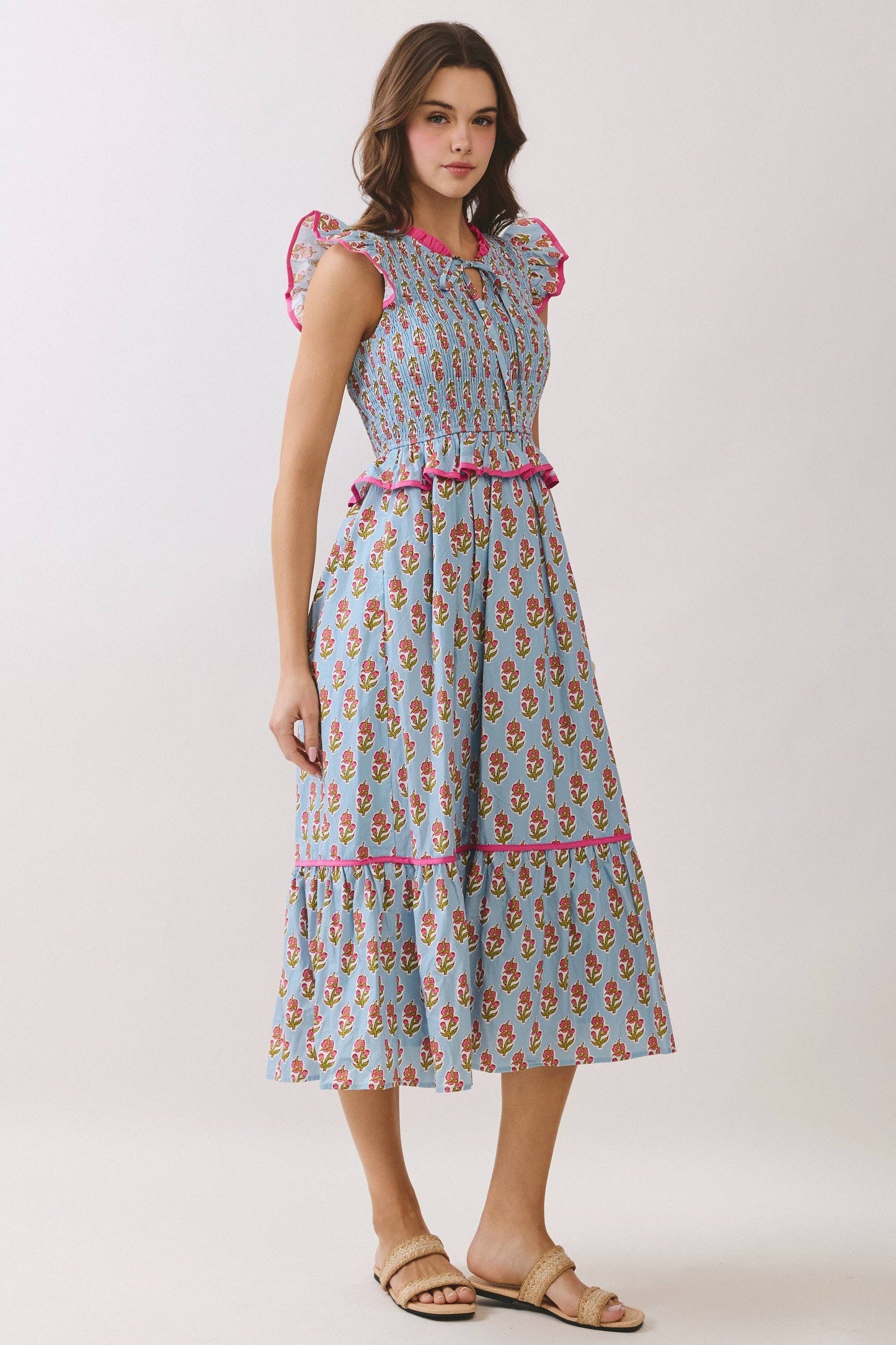 Floral Print Smocked Peplum Tiered Midi Dress