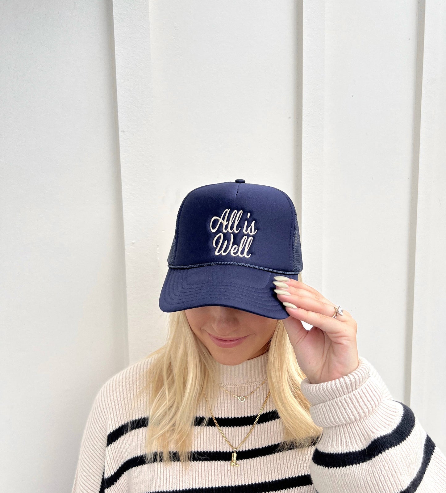 All Is Well- Embroidered Trucker Hat- Navy