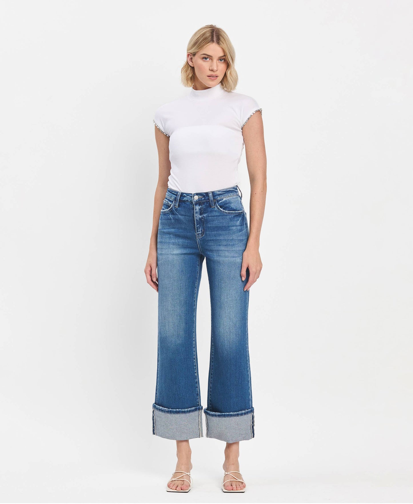 90'S VINTAGE SUPER HIGH RISE CUFFED FLARE JEANS