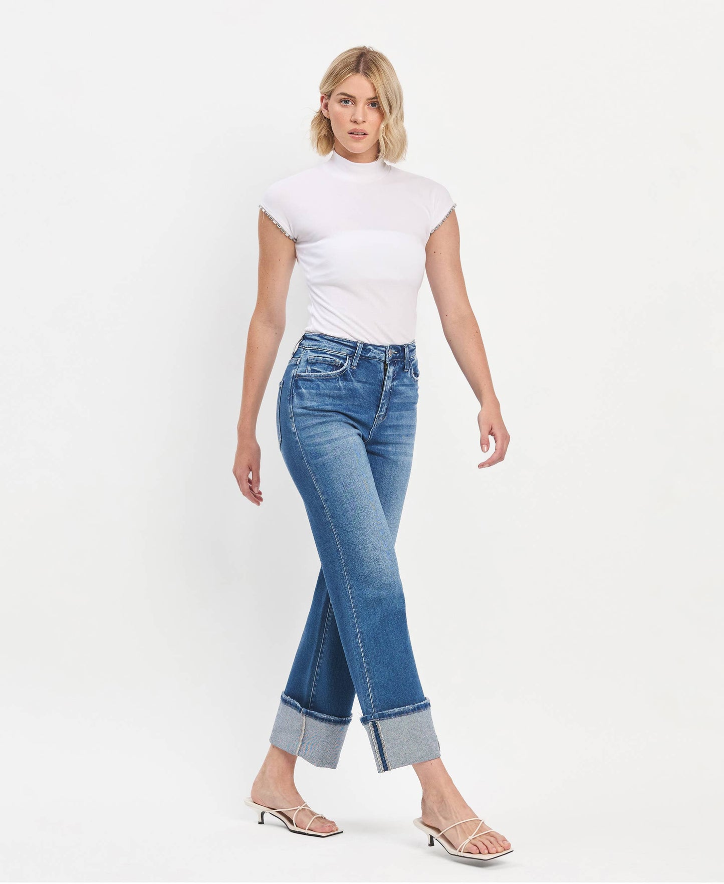 90'S VINTAGE SUPER HIGH RISE CUFFED FLARE JEANS
