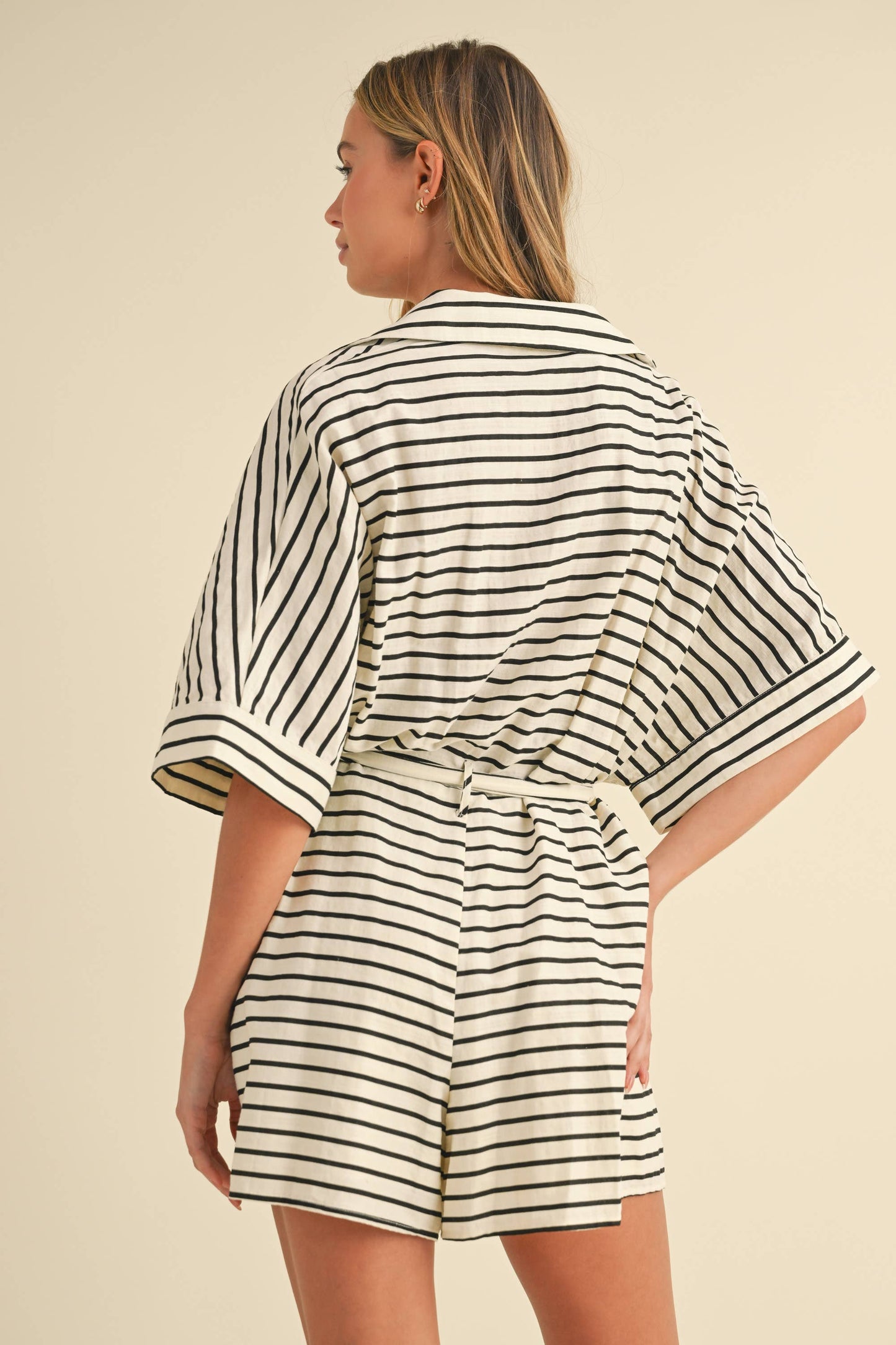 STRIPED RELAXED FIT BELTED SHORT SLEEVE ROMPER