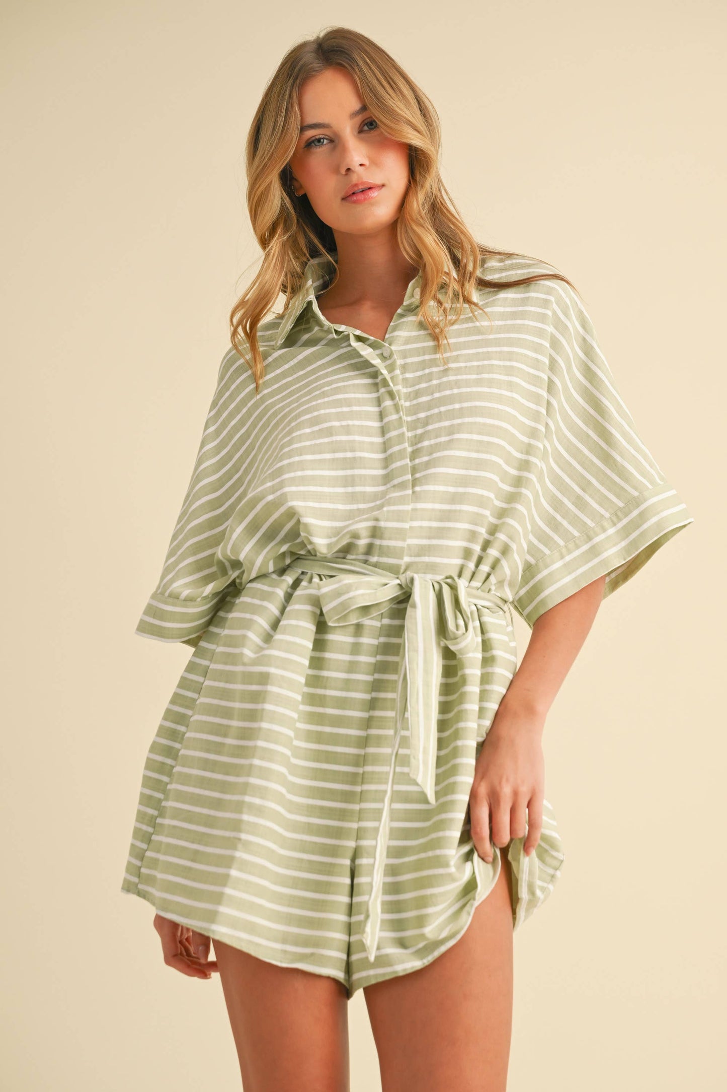 STRIPED RELAXED FIT BELTED SHORT SLEEVE ROMPER