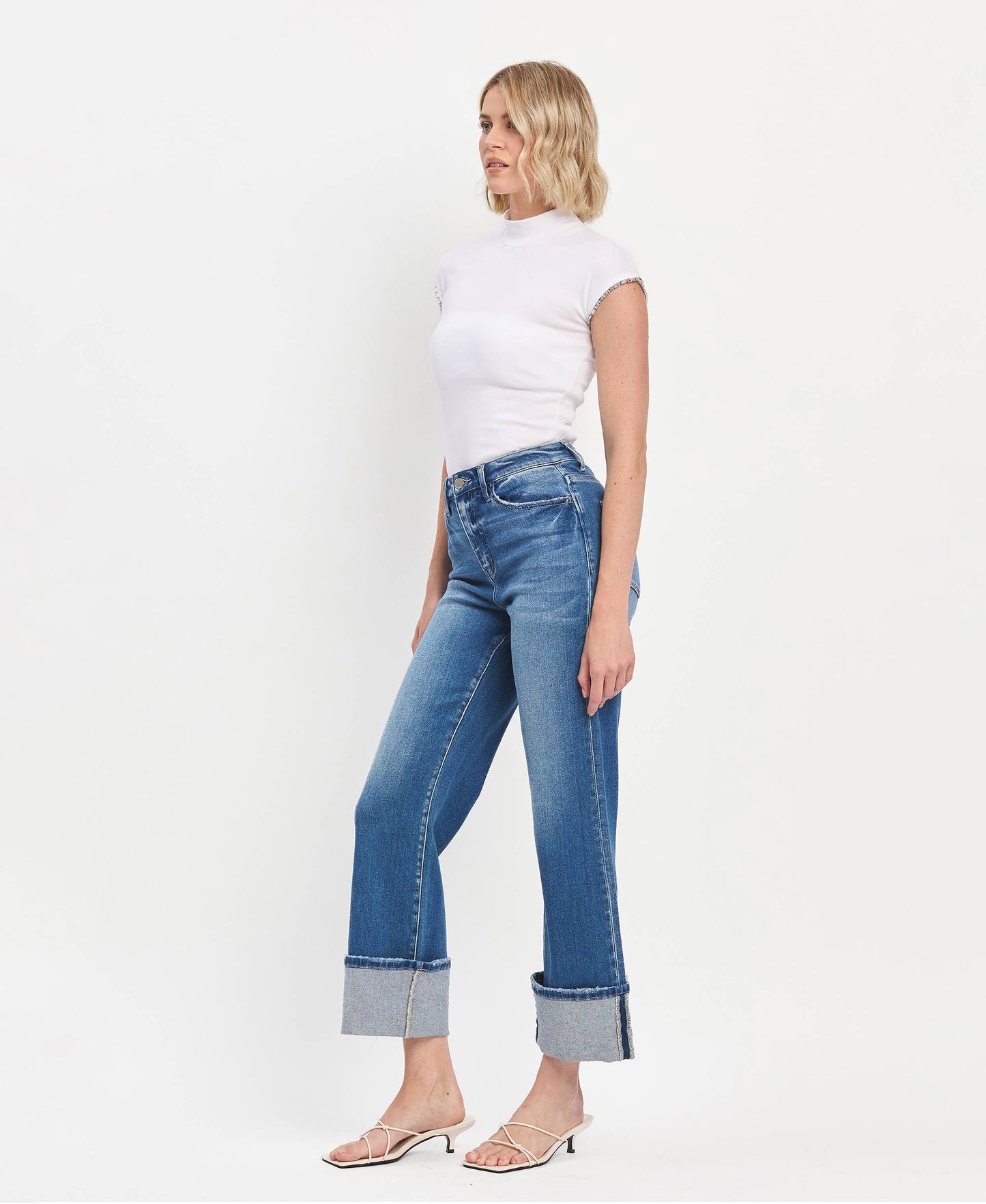 90'S VINTAGE SUPER HIGH RISE CUFFED FLARE JEANS