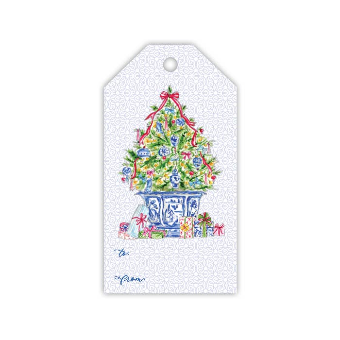 Christmas Tree with Blue Chinoiserie Ornaments Gift Tag