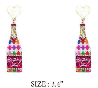Birthday glitter champagne bottle earring 2.75”