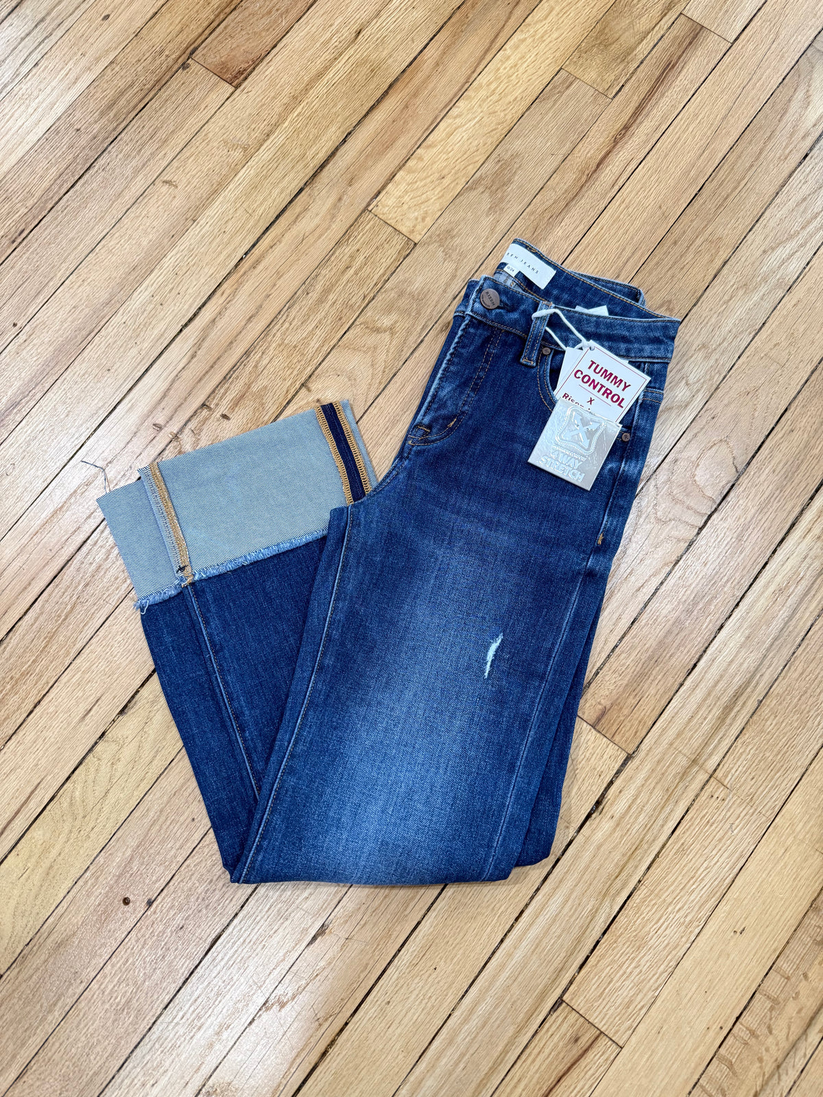 dark mid rise crop straight cuffed jeans