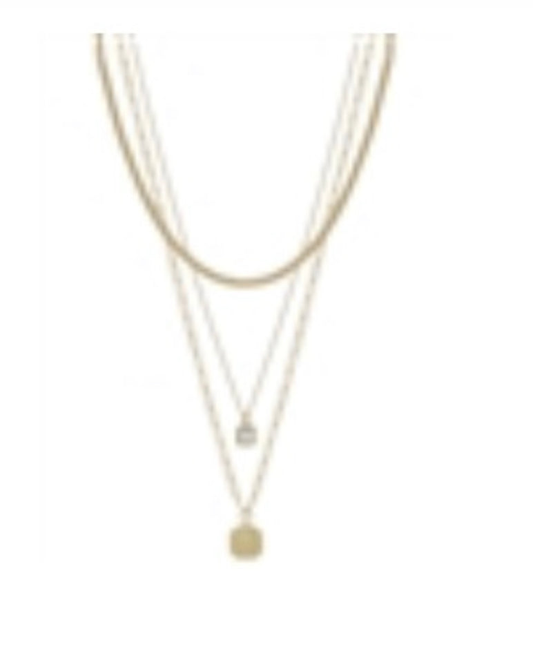 Matte Gold Triple Layered Snake, Rhinestone, and Square 16"-18" Necklace