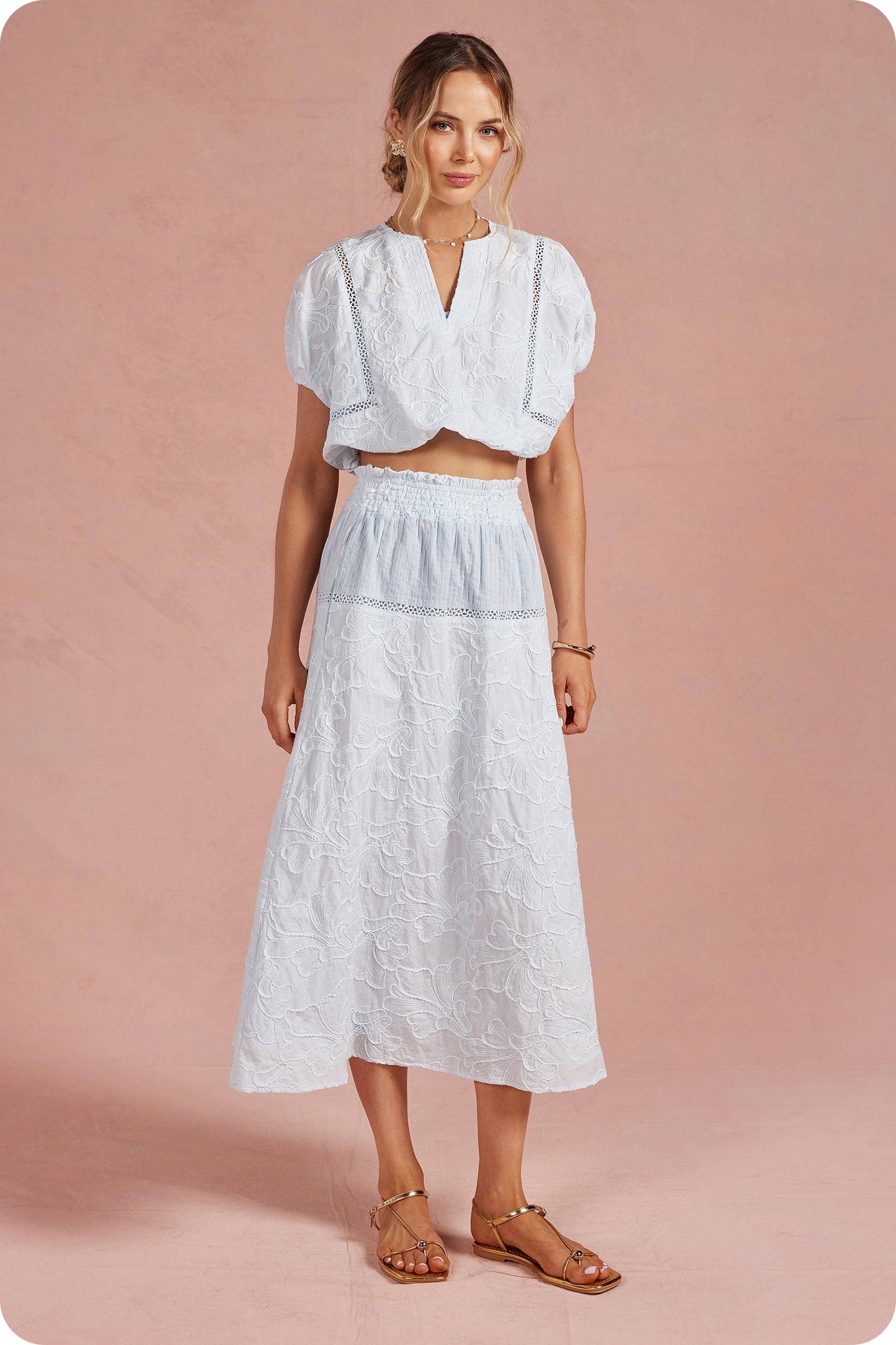 Floral Embroidery Cotton Lace Trim Skirt Top Set