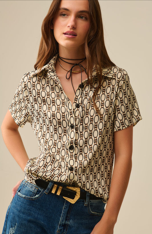 Beige Short-sleeved Chain Print
