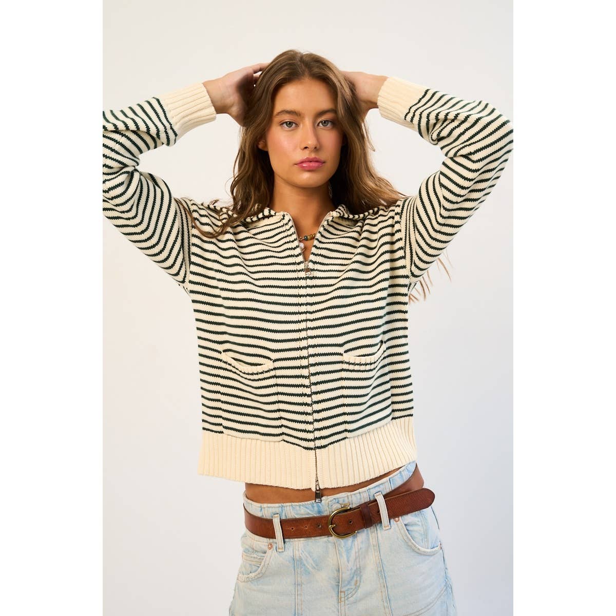 Striped Cotton Blend Zip-Up Sweater with Wide Collar