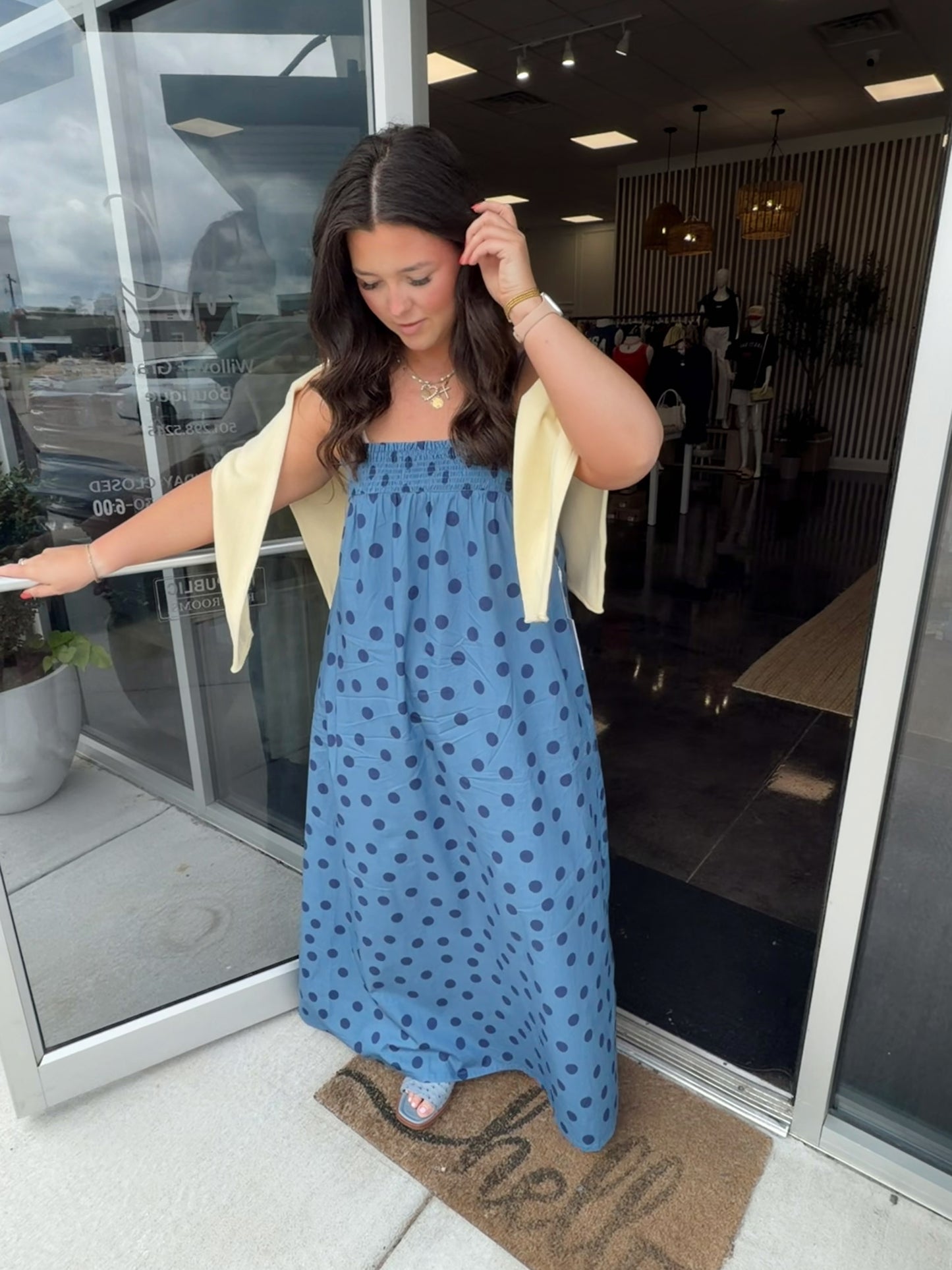 blue polka dot maxi dress