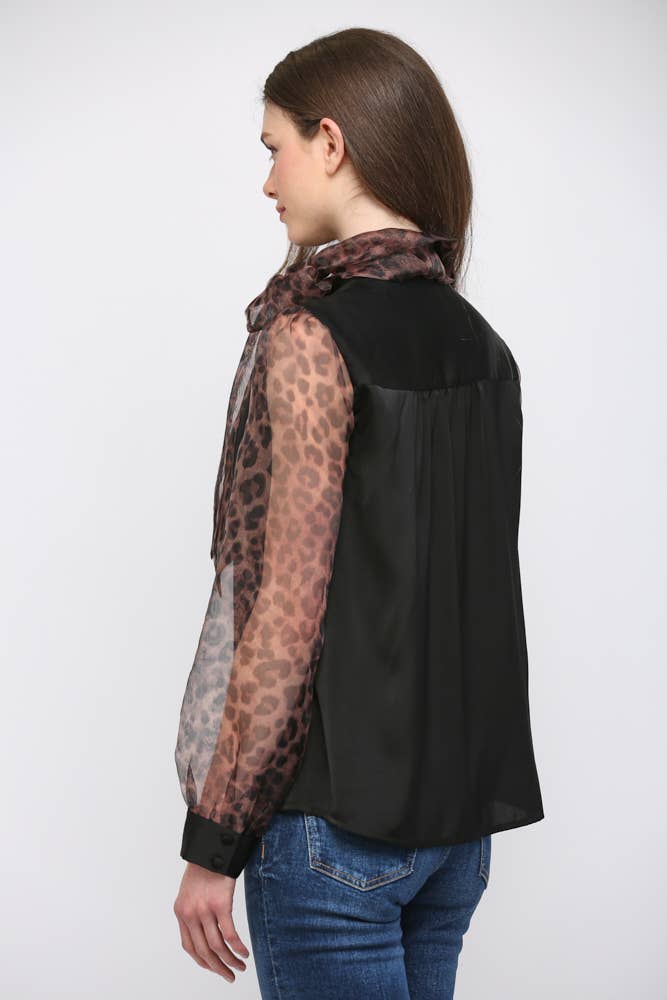 MIXED MEDIA SELF TIE NECKLINE DETAIL BLOUSE