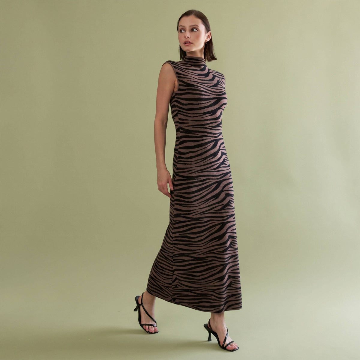 Zebra Print Mock Neck Sleeveless Knit Maxi Dress
