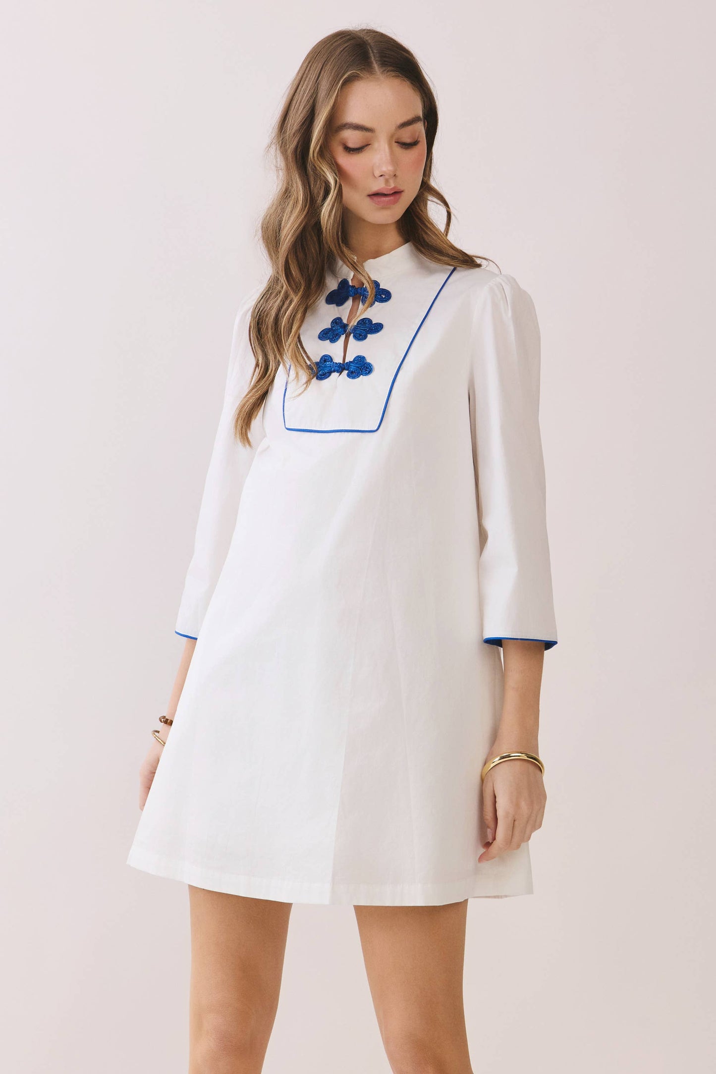 Mandarin Collar Contrast Frog Button Detail Dress