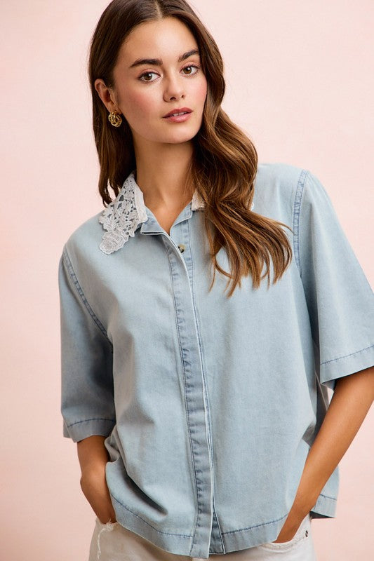 attachable lace collar denim top
