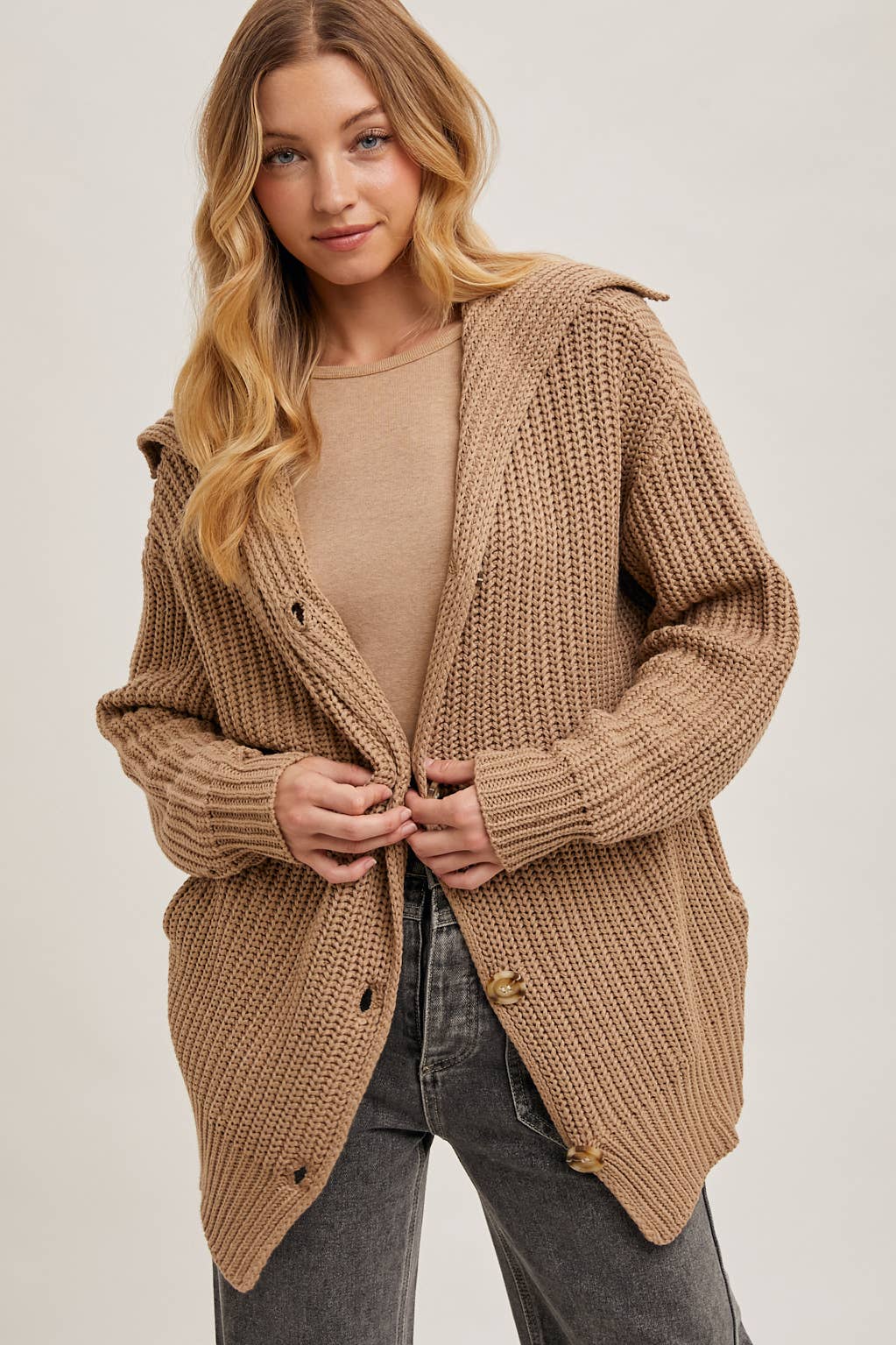 BUTTON DOWN COLLAR NECK RIBBED KNIT SWEATER CARDIGAN