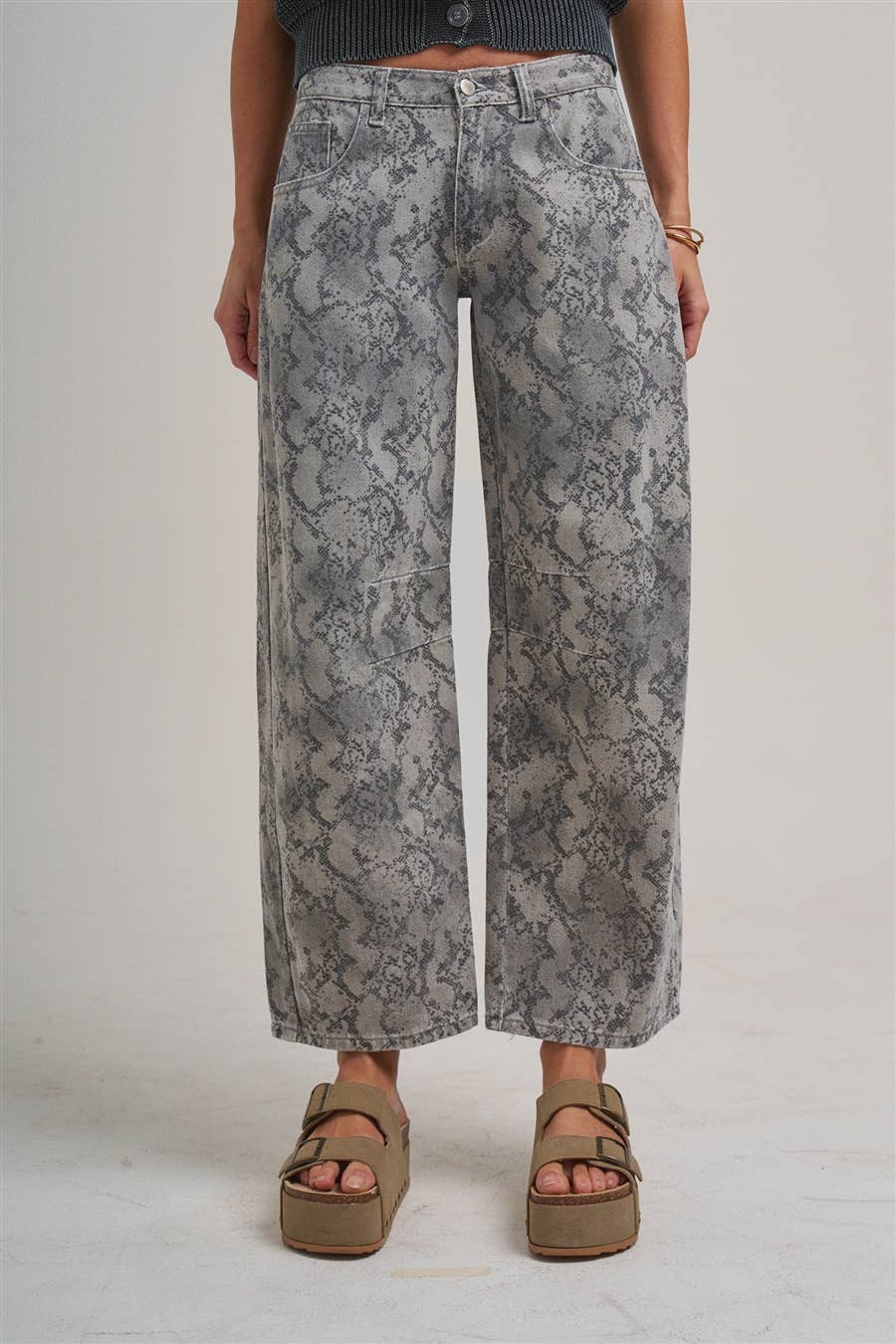 VINTAGE SNAKESKIN PRINT TWILL DENIM BARREL PANTS