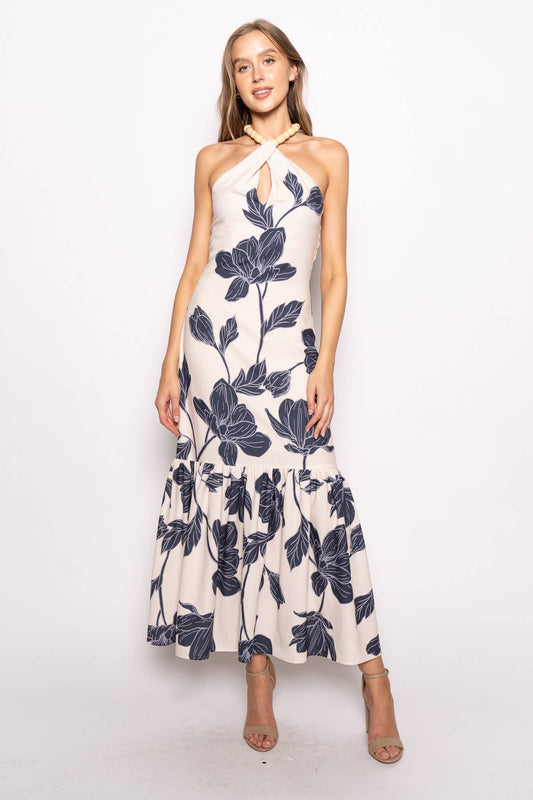 FLORAL BEAD HALTER MAXI DRESS