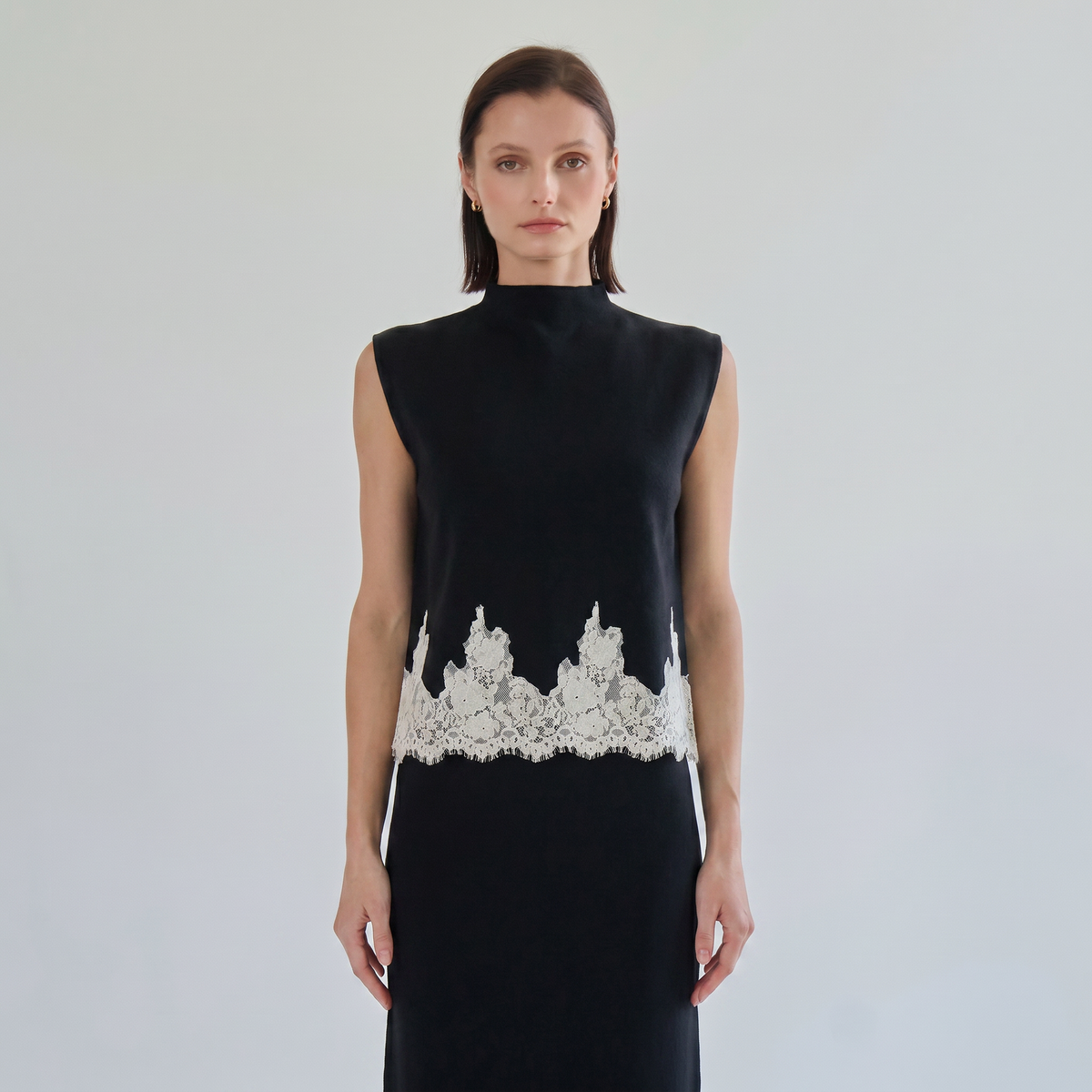 Lace Trim Mock Neck Top & Maxi Skirt Knit Set