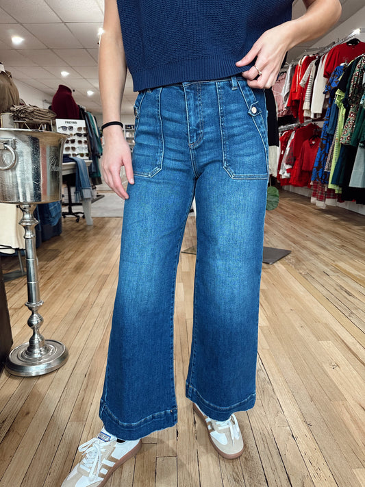 Risen High Rise Patch Pocket Front Wide Leg Ankle Jeans