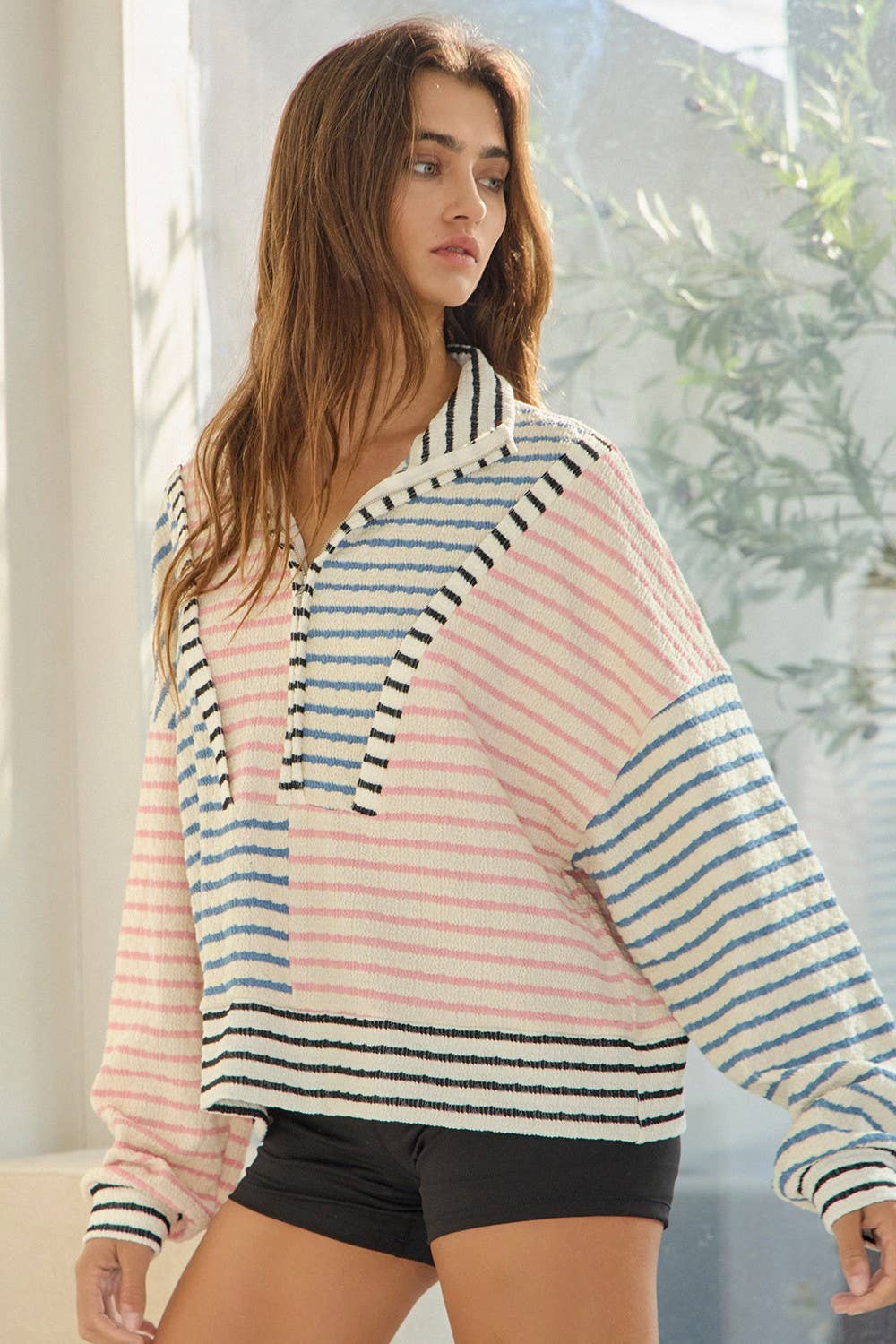 Oversized Funnel-Neck Half Zip Striped Top