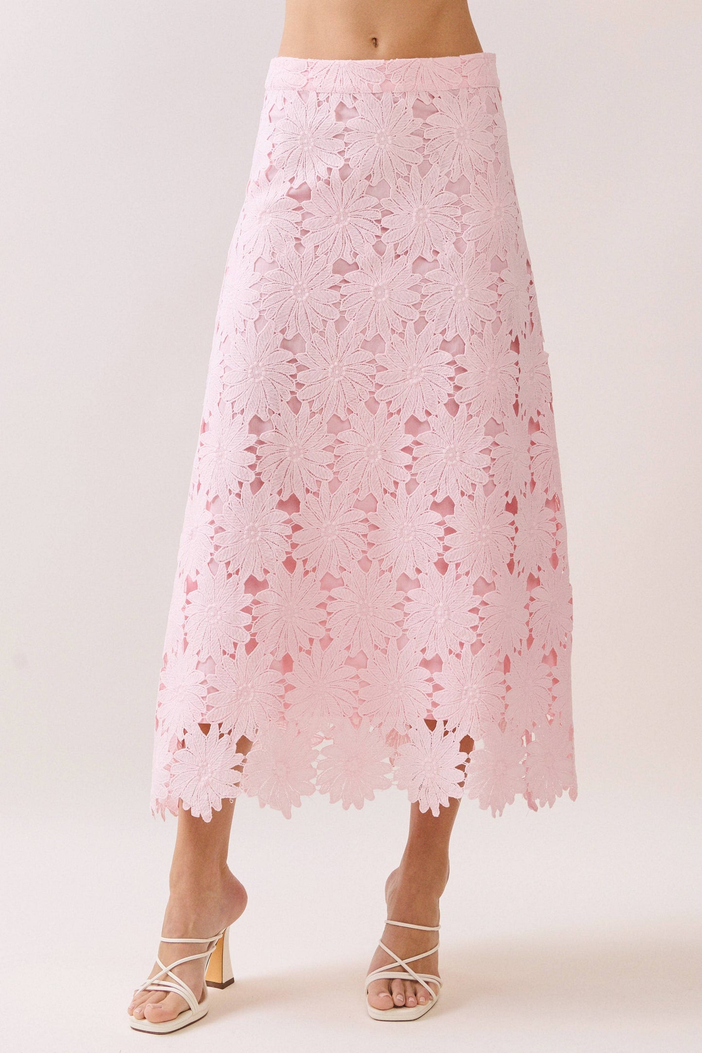 Floral Lace Scalloped Hem Fully Lined Midi Skirt