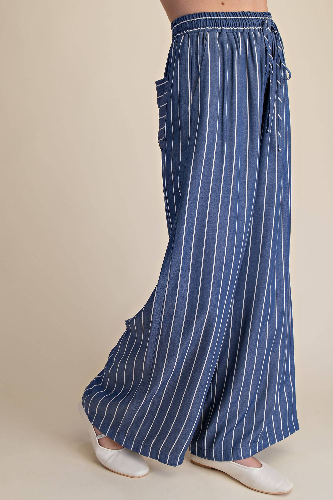 High Waist Elastic Band Stripe Wide Pants