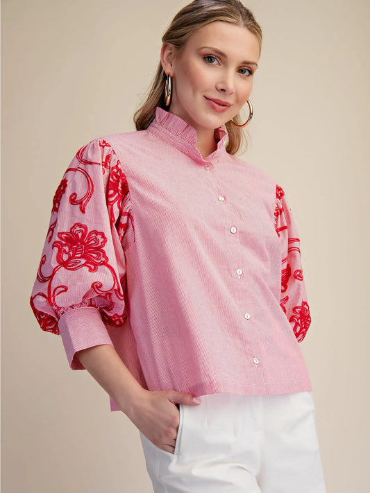 Embroidery puff sleeve top (2 colors)