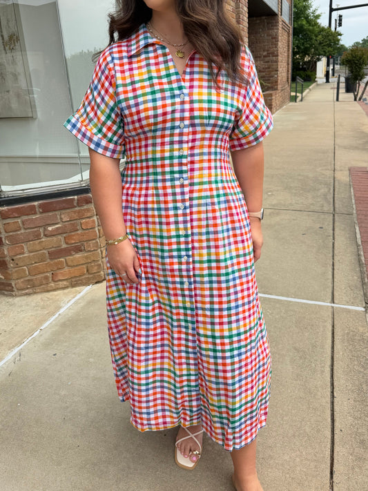 plaid button down midi dress