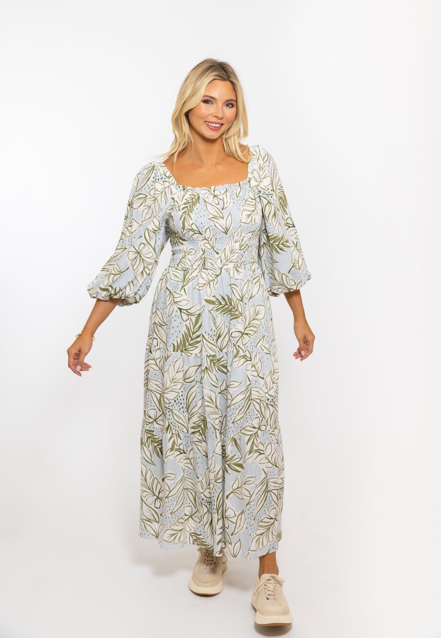 KARLIE Palm Linen Smock Knot Back Maxi Dress *was $120, now $60-final sale*