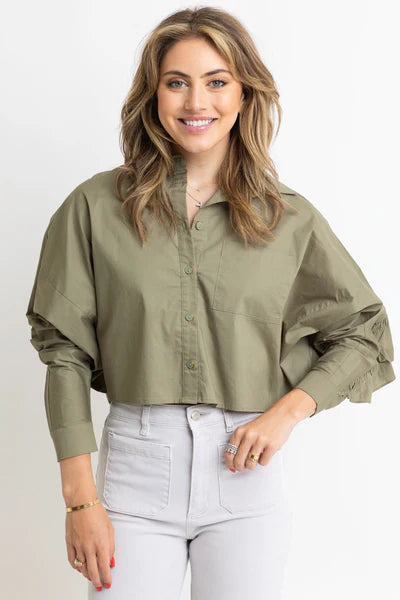 Karlie Olive Poplin Button Down Ruffle Back Top