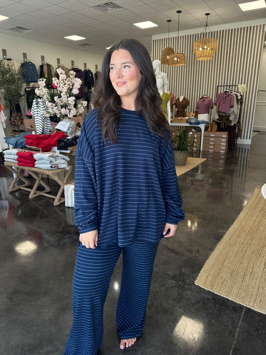 Navy striped fleece lounge pant