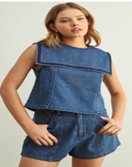 SAILOR COLLAR S/L STRETCH DENIM TOP