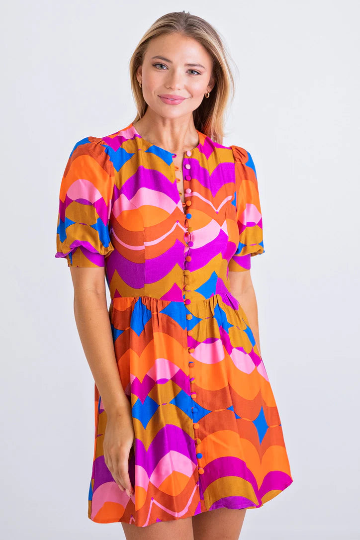 Karlie Multi 70s Button Sleeve Mini Dress