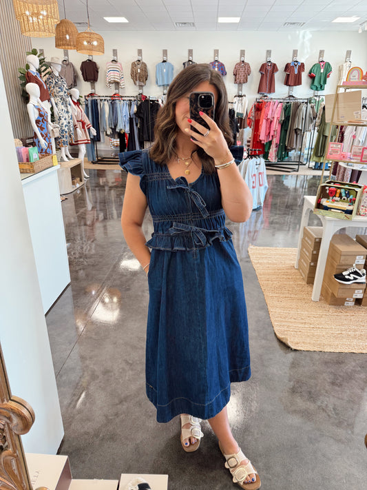 dark denim ruffle peplum midi dress