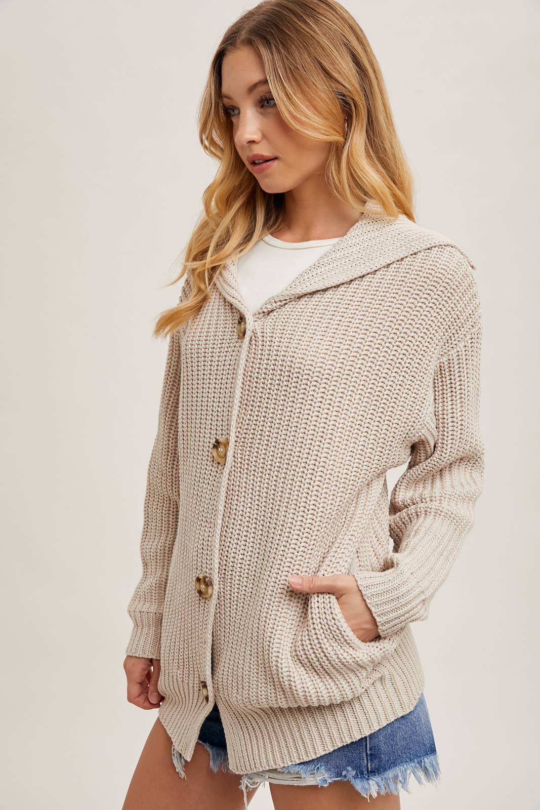 BUTTON DOWN COLLAR NECK RIBBED KNIT SWEATER CARDIGAN