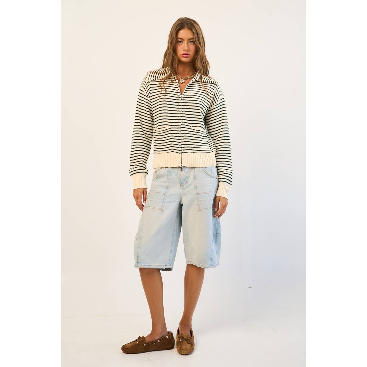Striped Cotton Blend Zip-Up Sweater with Wide Collar