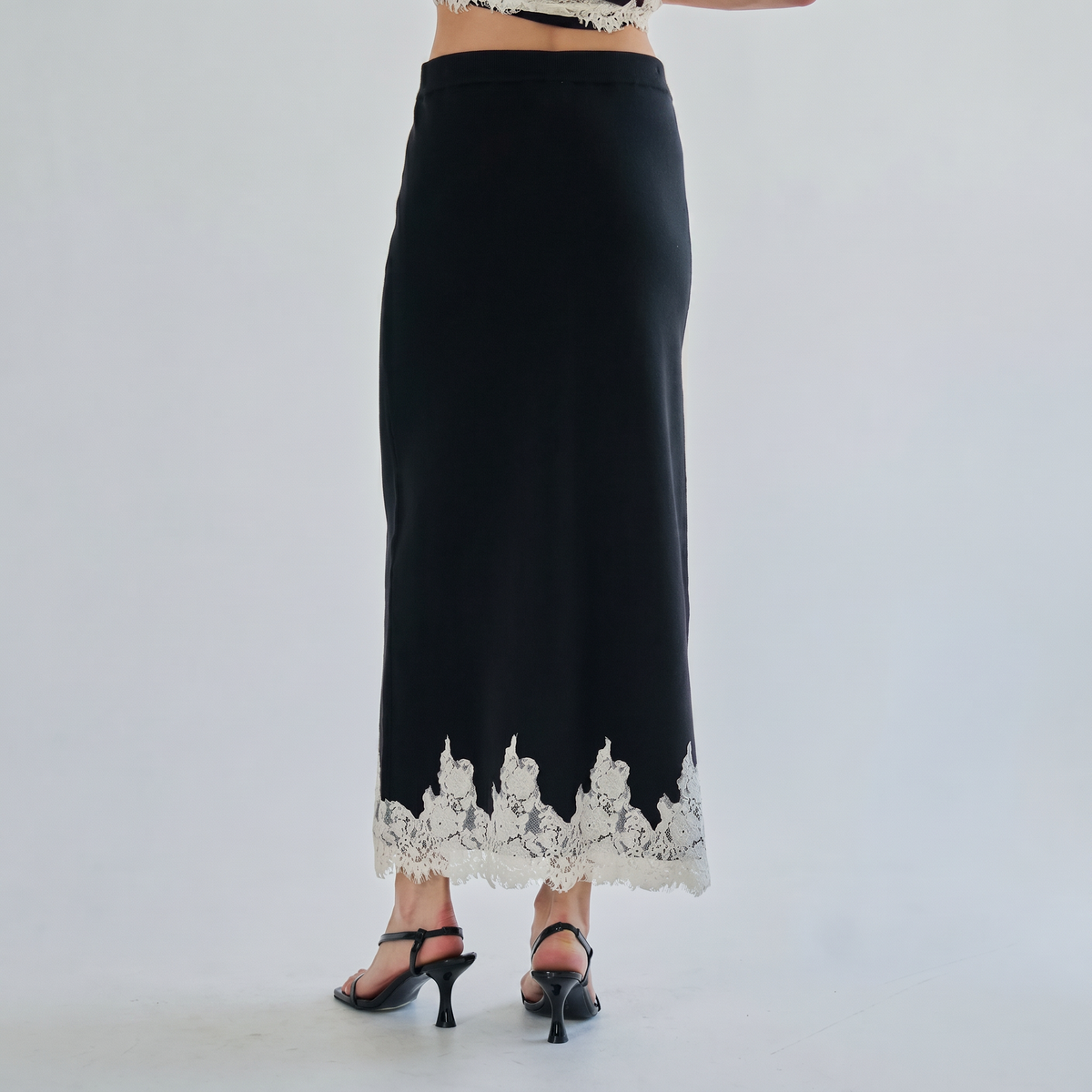Lace Trim Mock Neck Top & Maxi Skirt Knit Set