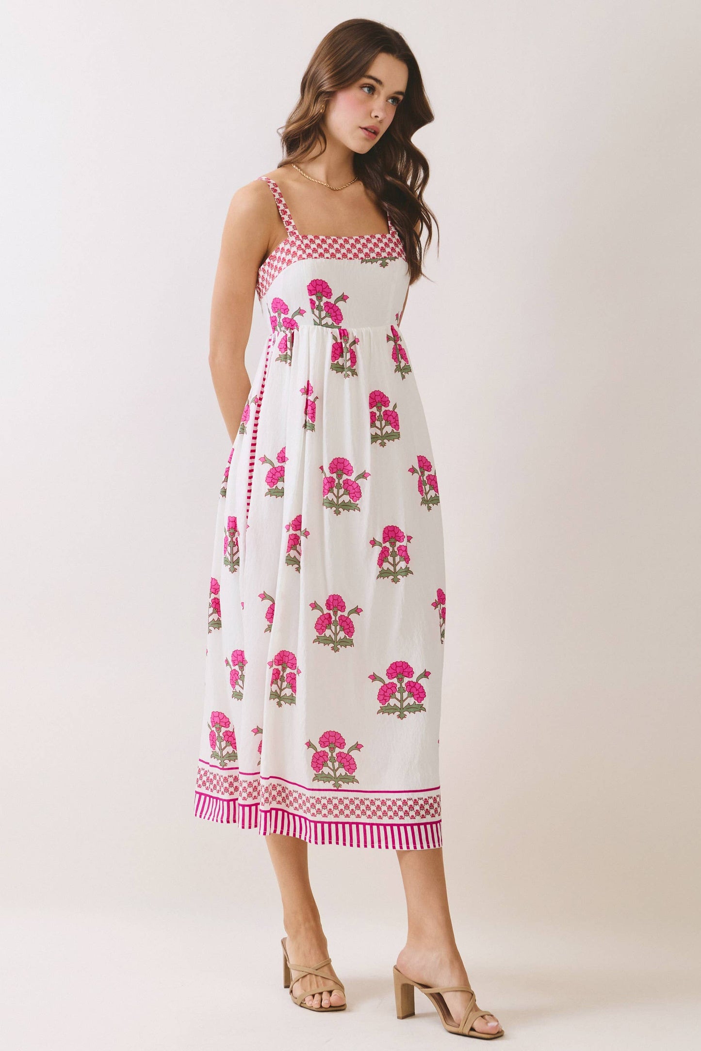 Floral Print Contrast Detail Square Neck Midi Dress